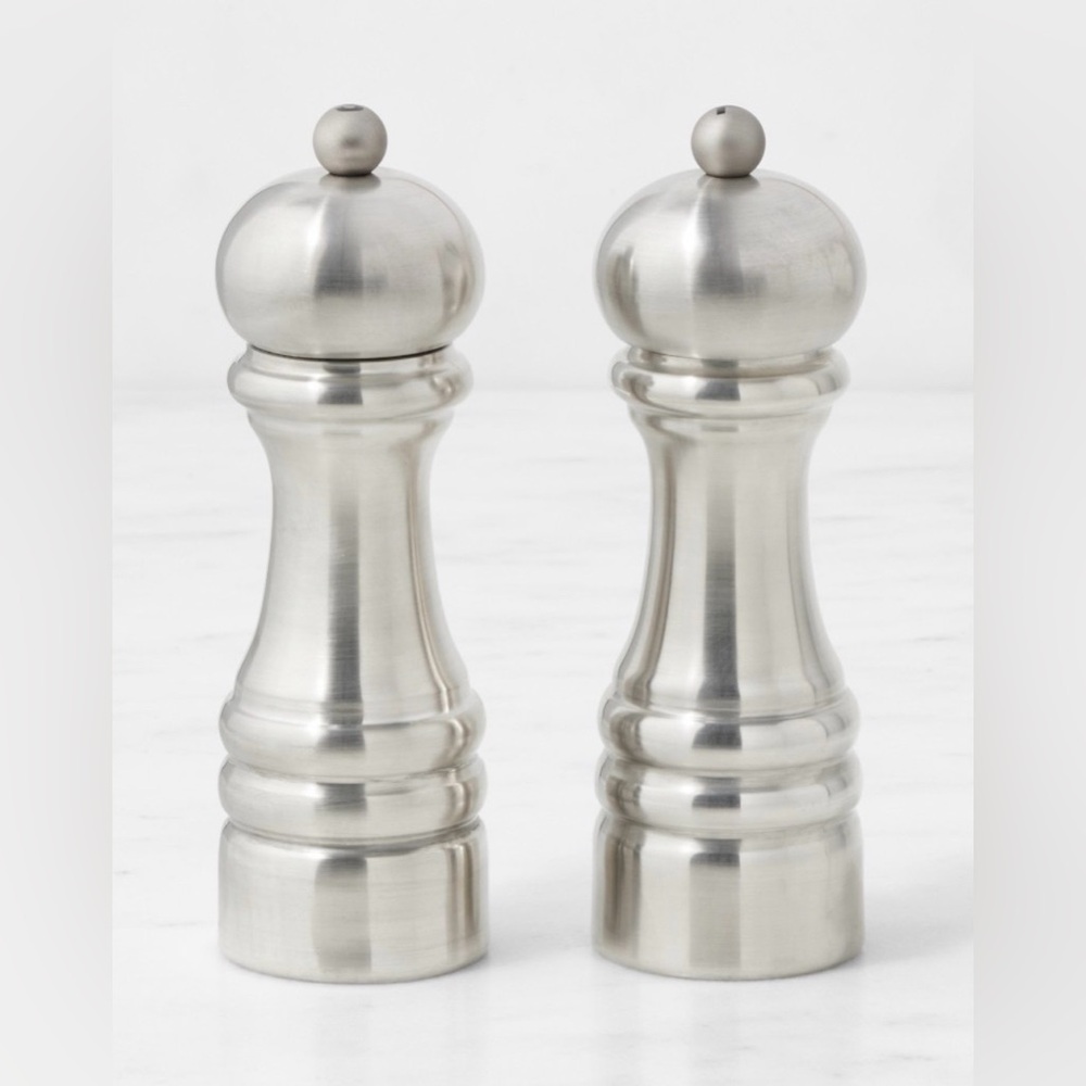 Williams Sonoma Polished Pewter 6” Salt & Pepper Mills Set, NIB, Retail $249